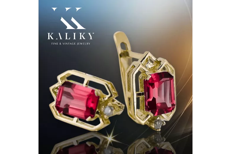 14k geltonas auksas 585 Ruby auskarai vec020y-rb Rusų Tarybinis TSRS Vintažinis stilius Art Deco style Rusiškas sovietinis SSRS 