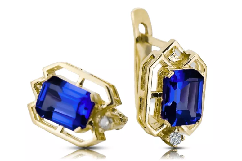Yellow 14k gold 585 Sapphire earrings vec020y-sp Russian Soviet USSR Vintage craft Art Deco style