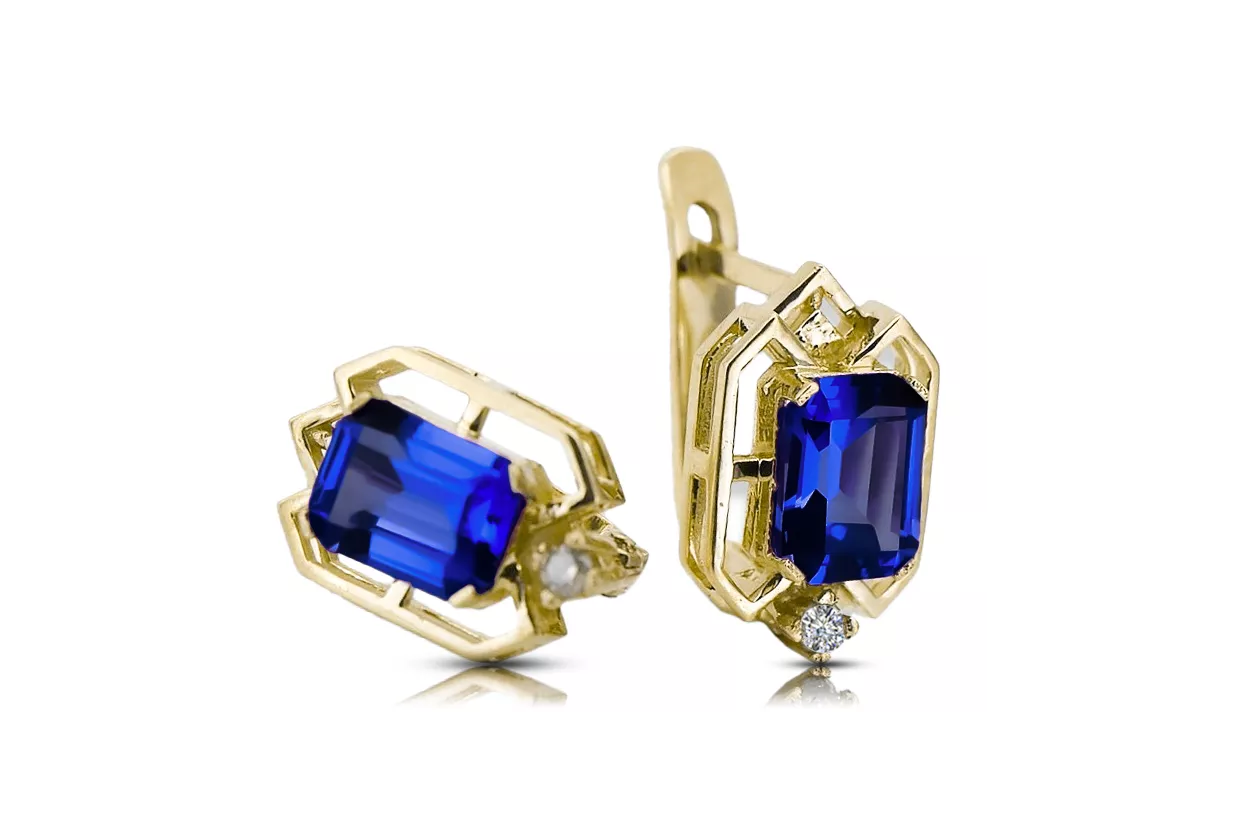 14k žlté zlato 585 Sapphire náušnice vec020y-sp Russian Soviet USSR Vintage Art Deco style