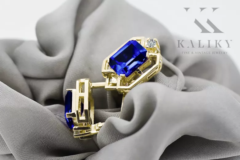 14k žluté zlato 585 Sapphire náušnice vec020y-sp Russian Soviet USSR Vintage style Art Deco style