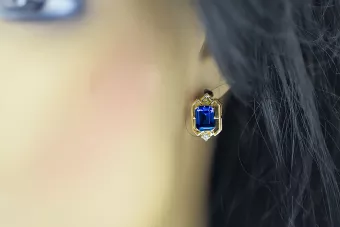 Aur galben 14K 585 Sapphire cercei vec020y-sp Rusesc Sovietic URSS Vintage Art Deco style