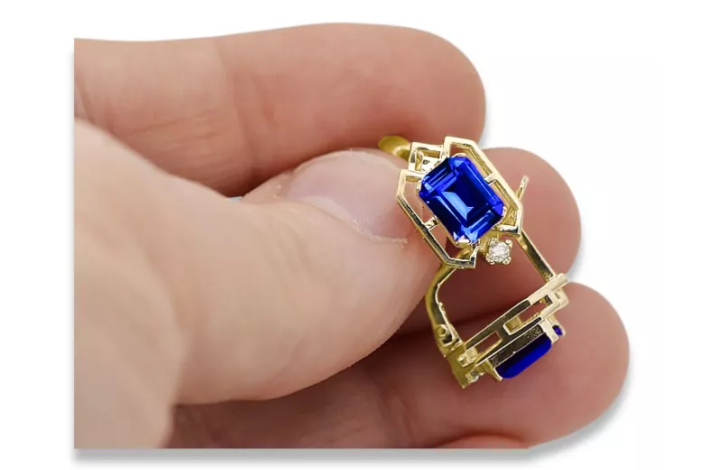 14K жълто злато 585 Sapphire Обеци vec020y-sp Руски Съветски СССР Винтидж крафт Ар-деко style Art Deco