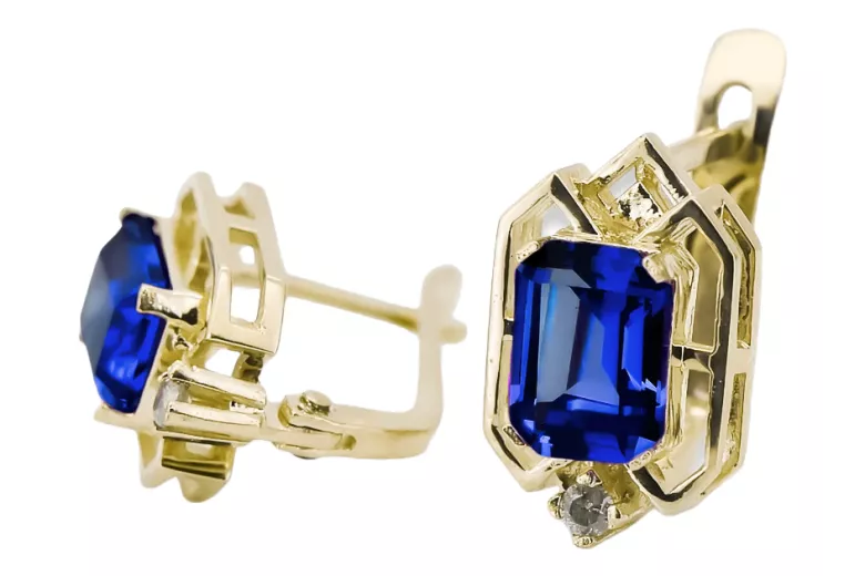 14k žlté zlato 585 Sapphire náušnice vec020y-sp Russian Soviet USSR Vintage Art Deco style