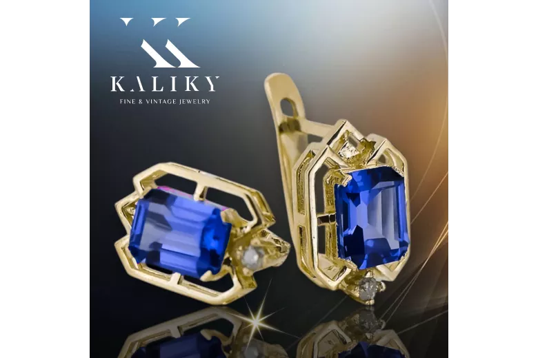 14К жовте золото 585 Sapphire Сережки vec020y-sp Російський Радянський СРСР Вінтаж вироби Ар-деко style Art Deco