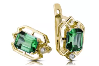 Or jaune 14 carats 585 Emerald des boucles d'oreilles vec020y-em Russe Soviétique URSS Artisanat vintage Art Deco style