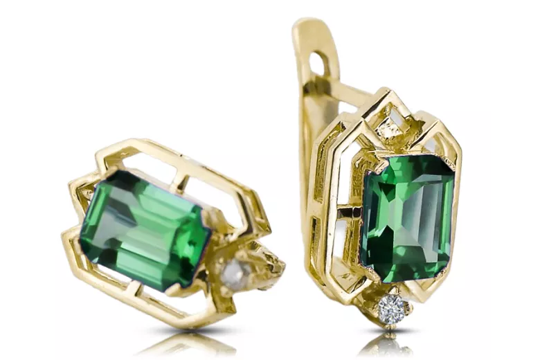 14k žluté zlato 585 Emerald náušnice vec020y-em Russian Soviet USSR Vintage Jewlery Art Deco style