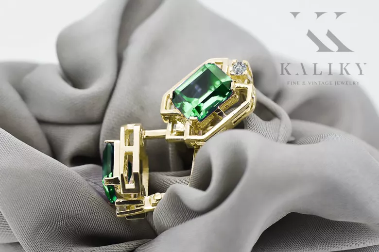 14К жовте золото 585 Emerald Сережки vec020y-em Російський Радянський СРСР Вінтаж Ар-деко style Art Deco