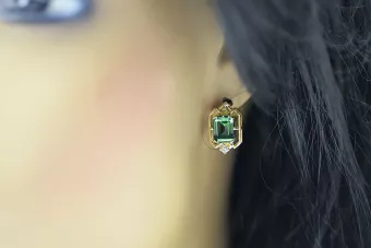 14k geltonas auksas 585 Emerald auskarai vec020y-em Rusų Tarybinis TSRS Vintažiniai papuošalai Art Deco style Rusiški vintažo pa