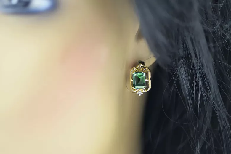 14k žlté zlato 585 Emerald náušnice vec020y-em Russian Soviet USSR Vintage Art Deco style