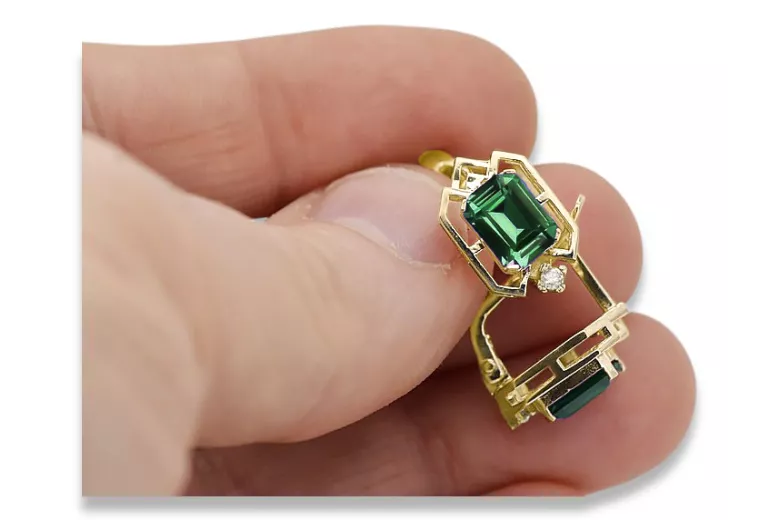 14k geltonas auksas 585 Emerald auskarai vec020y-em Rusų Tarybinis TSRS Vintažiniai papuošalai Art Deco style Rusiški vintažo pa