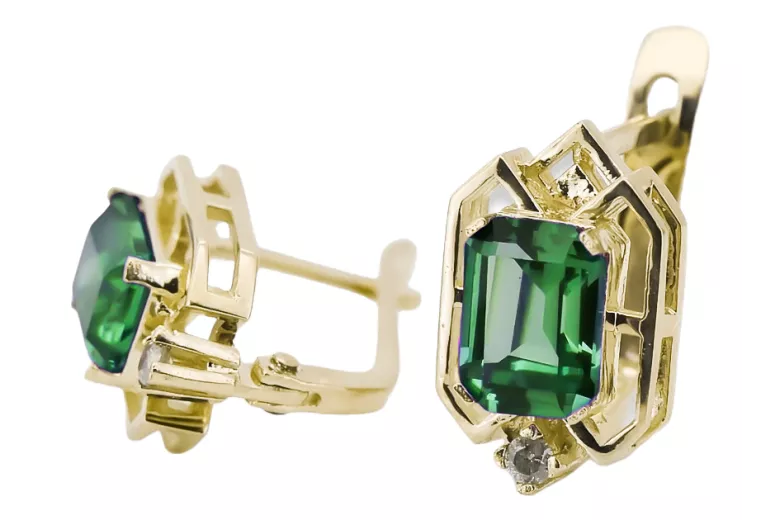 14K жълто злато 585 Emerald Обеци vec020y-em Руски Съветски СССР Винтидж Ар-деко style Art Deco