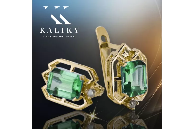 14k žlté zlato 585 Emerald náušnice vec020y-em Russian Soviet USSR Vintage Art Deco style