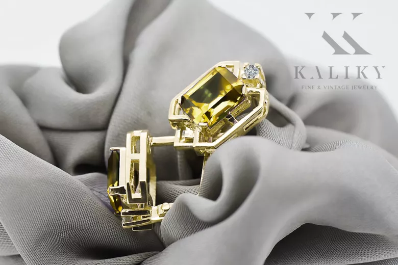 14k žlté zlato 585 Yellow Peridot náušnice vec020y-yp Russian Soviet USSR Vintage style Art Deco style