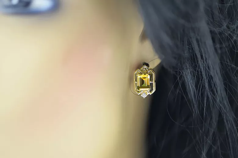 Oro amarillo de 14 quilates 585 Yellow Peridot pendientes vec020y-yp Ruso Soviético URSS Vintage Art Deco style