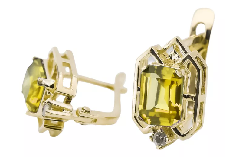 Oro amarillo de 14 quilates 585 Yellow Peridot pendientes vec020y-yp Ruso Soviético URSS Vintage Art Deco style