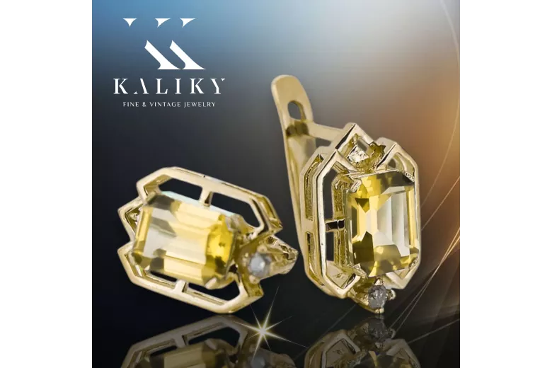 14k κίτρινο χρυσό 585 Yellow Peridot Σκουλαρίκια vec020y-yp Russian Soviet USSR Vintage Art Deco style