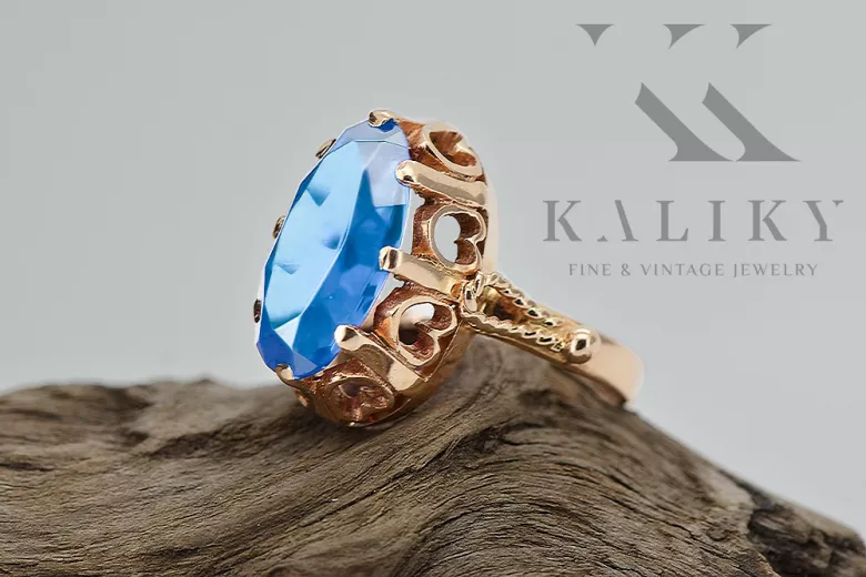 Kroužek z růžové červené zlato 14k 585 s Aquamarine VRC134 vintage