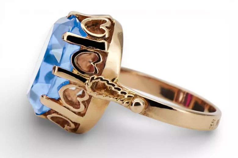 Kroužek z růžové červené zlato 14k 585 s Aquamarine VRC134 vintage