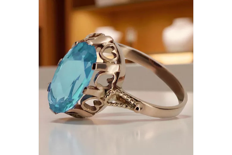 Kroužek z růžové červené zlato 14k 585 s Aquamarine VRC134 vintage