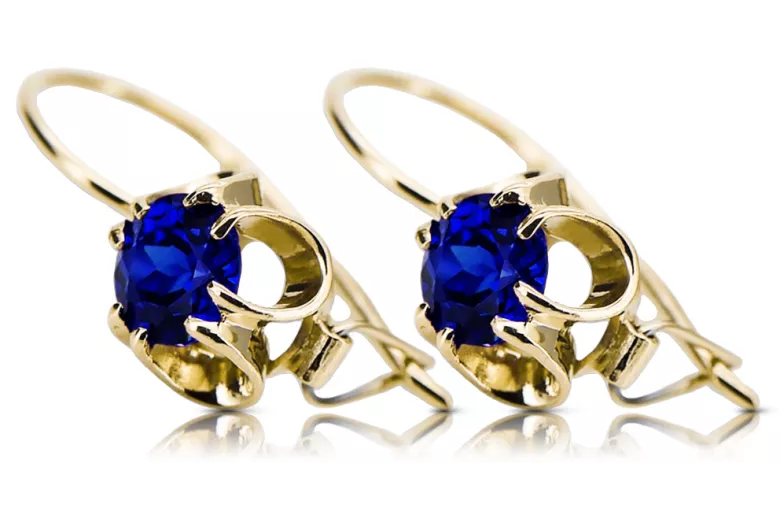 Or jaune 14 carats 585 Sapphire des boucles d'oreilles vec035y-sp Russe Soviétique URSS Vintage Art Deco style