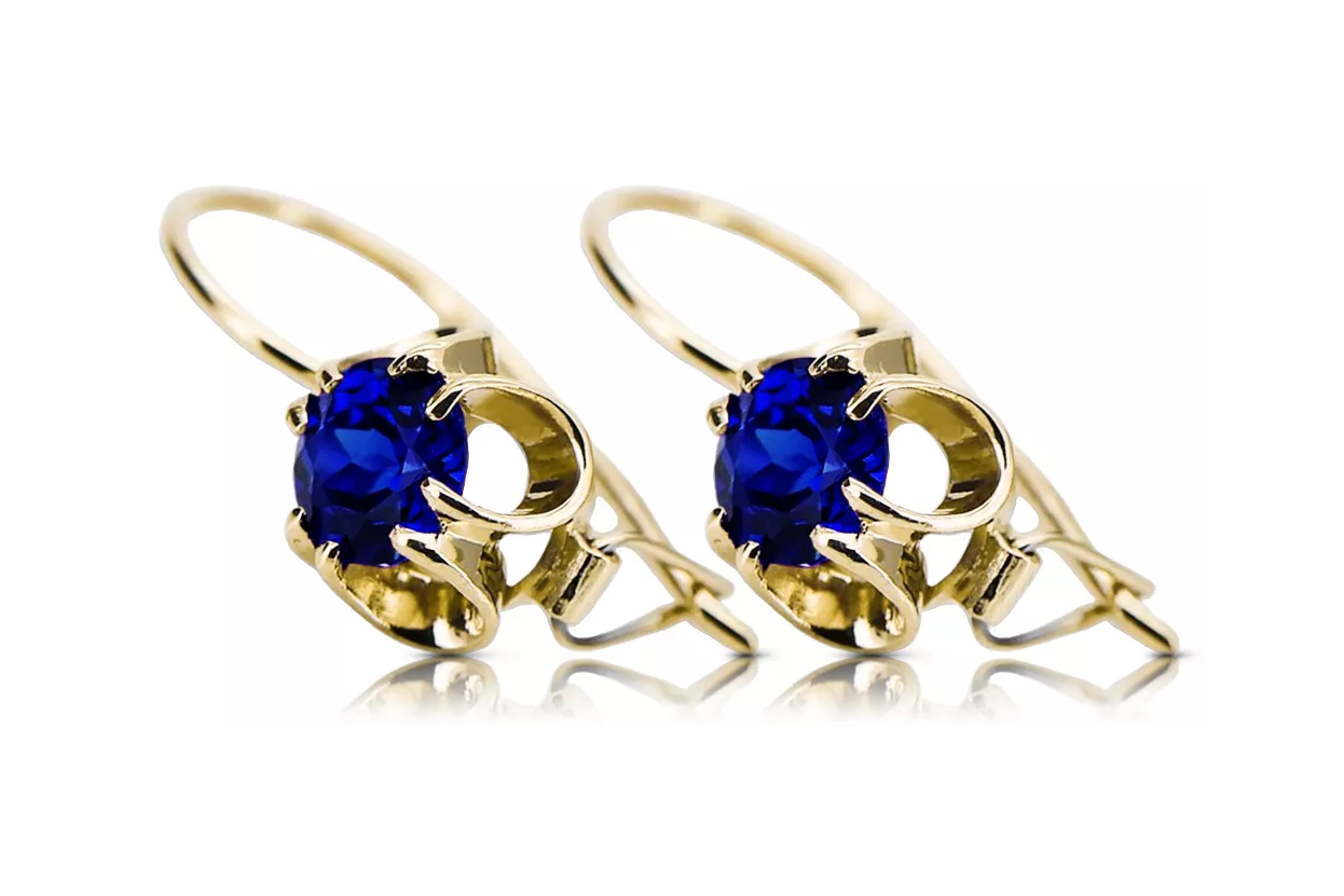 Oro amarillo de 14 quilates 585 Sapphire pendientes vec035y-sp Ruso Soviético URSS Vintage Art Deco style
