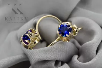 Oro amarillo de 14 quilates 585 Sapphire pendientes vec035y-sp Ruso Soviético URSS Vintage Art Deco style