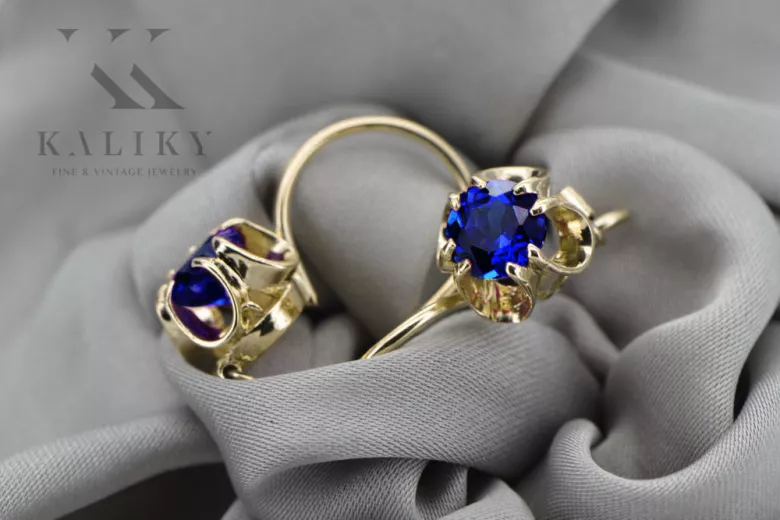 14k geltonas auksas 585 Sapphire auskarai vec035y-sp Rusų Tarybinis TSRS Vintažinis stilius Art Deco style Rusiškas sovietinis S