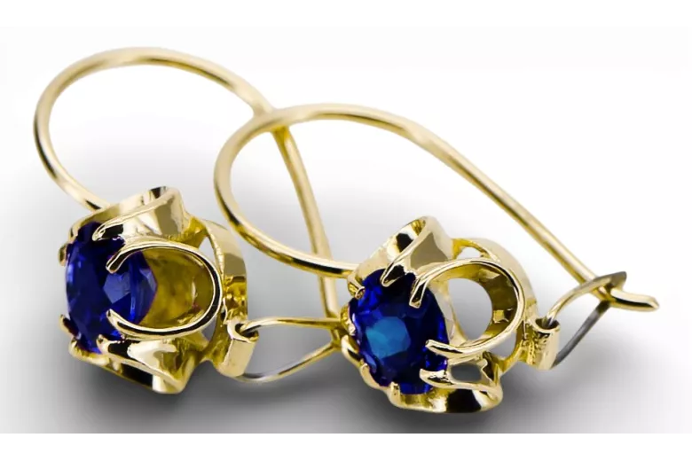 Or jaune 14 carats 585 Sapphire des boucles d'oreilles vec035y-sp Russe Soviétique URSS Vintage Art Deco style