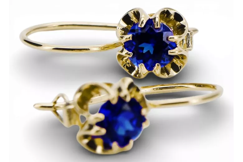 Or jaune 14 carats 585 Sapphire des boucles d'oreilles vec035y-sp Russe Soviétique URSS Vintage Art Deco style