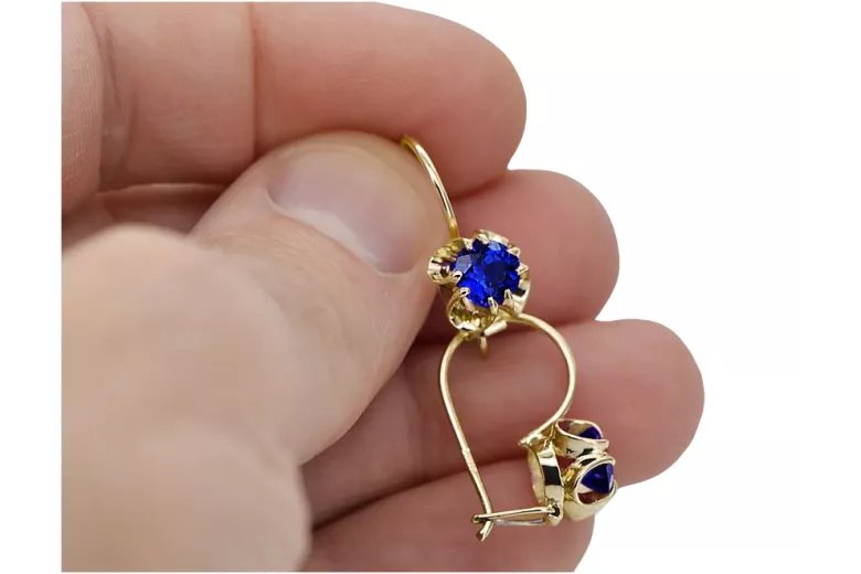 14 كارت من الذهب الأصفر 585 Sapphire أقراط vec035y-sp روسي سوفيتي الاتحاد السوفيتي مجوهرات فينتاج آرت ديكو style Art Deco