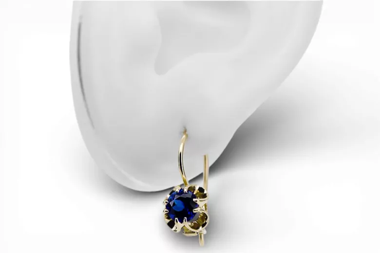 Oro amarillo de 14 quilates 585 Sapphire pendientes vec035y-sp Ruso Soviético URSS Vintage Art Deco style