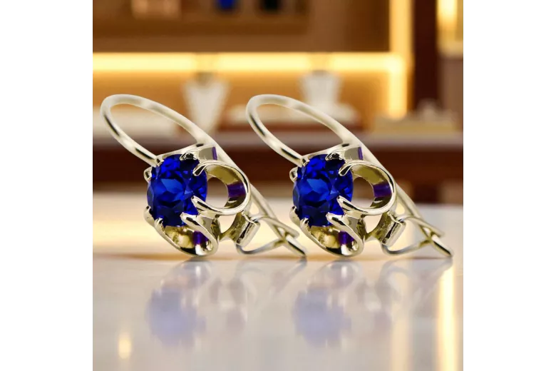 Yellow 14k gold 585 Sapphire earrings vec035y-sp Russian Soviet USSR Vintage craft Art Deco style