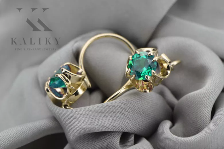 14k žluté zlato 585 Emerald náušnice vec035y-em Russian Soviet USSR Vintage style Art Deco style