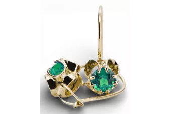 Or jaune 14 carats 585 Emerald des boucles d'oreilles vec035y-em Russe Soviétique URSS Artisanat vintage Art Deco style