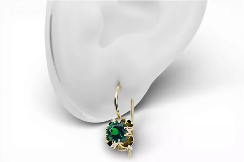 14K жълто злато 585 Emerald Обеци vec035y-em Руски Съветски СССР Винтидж Ар-деко style Art Deco