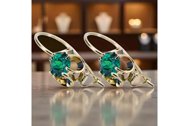14K жълто злато 585 Emerald Обеци vec035y-em Руски Съветски СССР Винтидж Ар-деко style Art Deco