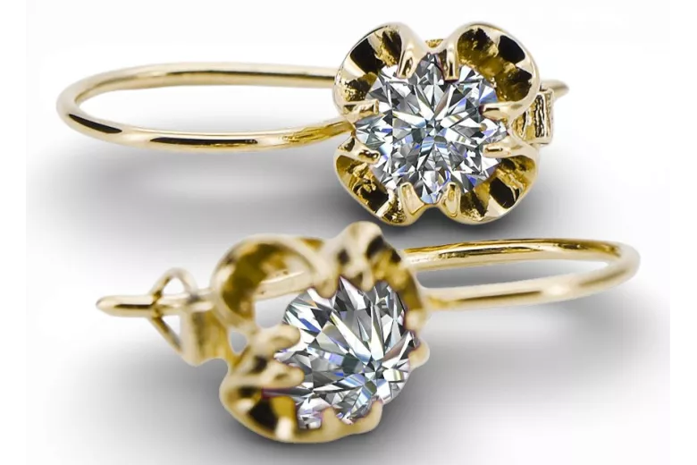 Or jaune 14 carats 585 Zircon des boucles d'oreilles vec035y-zi Russe Soviétique URSS Style vintage Art Deco style