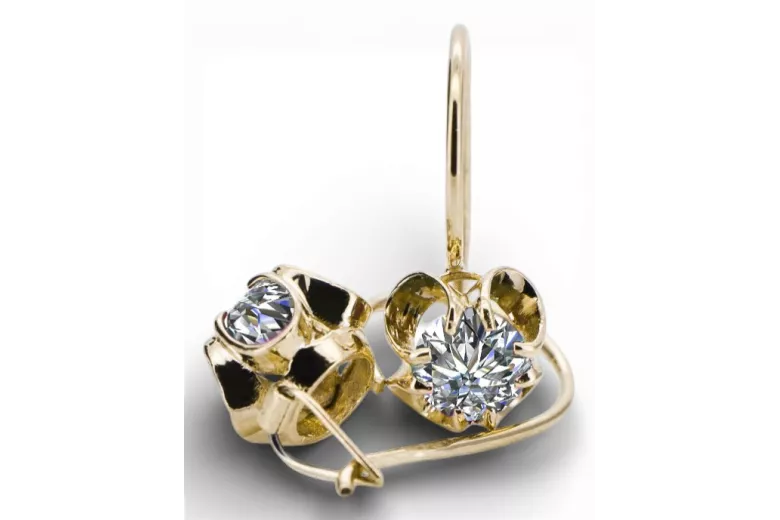 Or jaune 14 carats 585 Zircon des boucles d'oreilles vec035y-zi Russe Soviétique URSS Style vintage Art Deco style