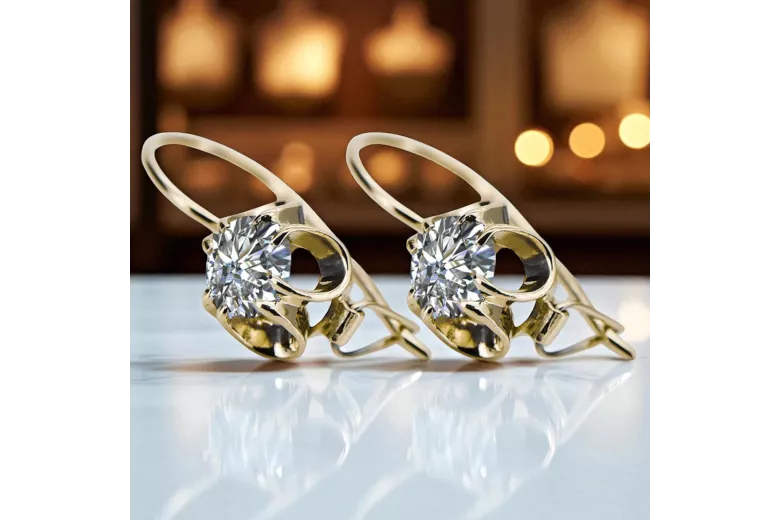 Yellow 14k gold 585 Zircon earrings vec035y-zi Russian Soviet USSR Vintage Jewelry Art Deco style