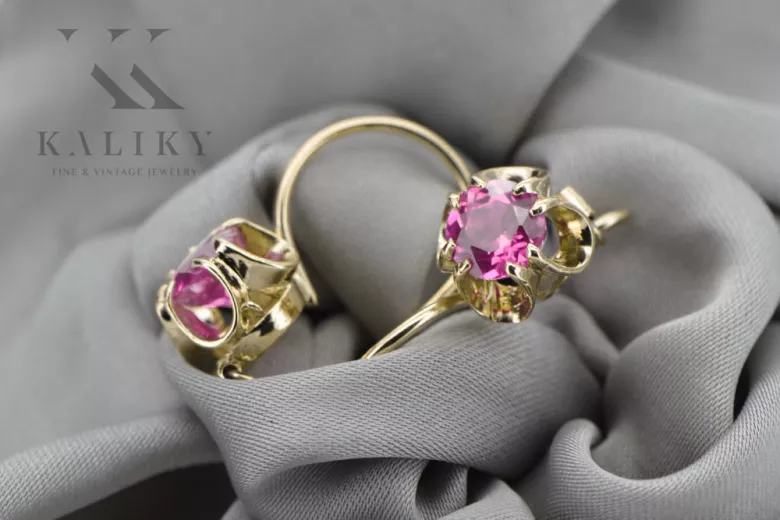 14K жълто злато 585 Amethyst Обеци vec035y-am Руски Съветски СССР Винтидж бижута Ар-деко style Art Deco