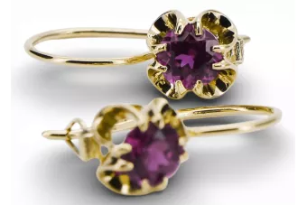 Or jaune 14 carats 585 Amethyst des boucles d'oreilles vec035y-am Russe Soviétique URSS Style vintage Art Deco style