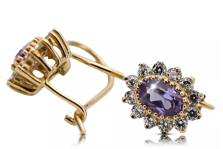 Gelb 14 Karat Gold 585 Alexandrite Prinzessin Ohrringe CEC026Y Russischer sowjetischer Vintage Schmuck Art Deco-Stil