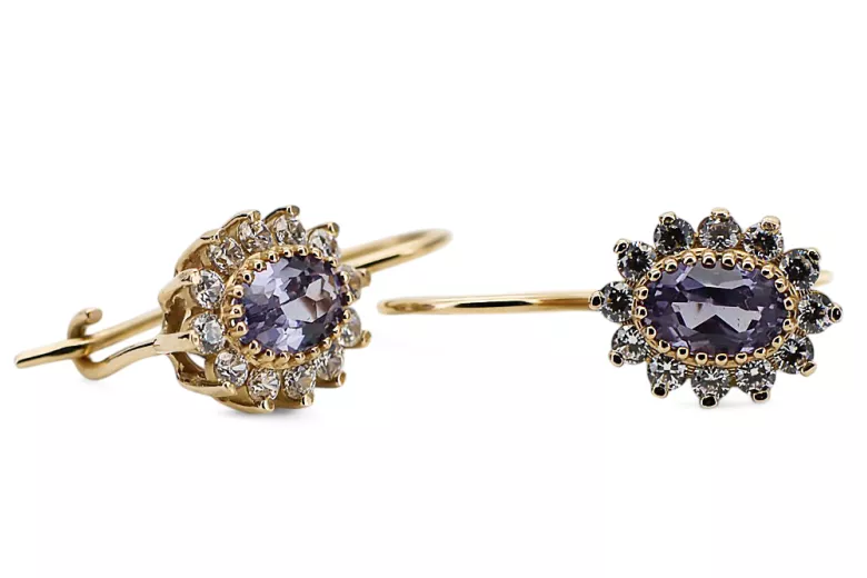 Yellow 14k gold 585 Alexandrite Princess earrings cec026y Russian Soviet  Vintage Jewelry Art Deco style