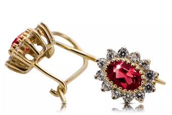 14K жълто злато 585 Ruby Обеци cec026y-rb Руски Съветски СССР Винтидж крафт Ар-деко style Art Deco