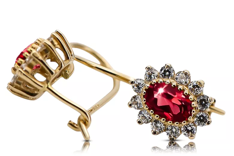 Yellow 14k gold 585 Ruby earrings cec026y-rb Russian Soviet USSR Vintage Art Deco style