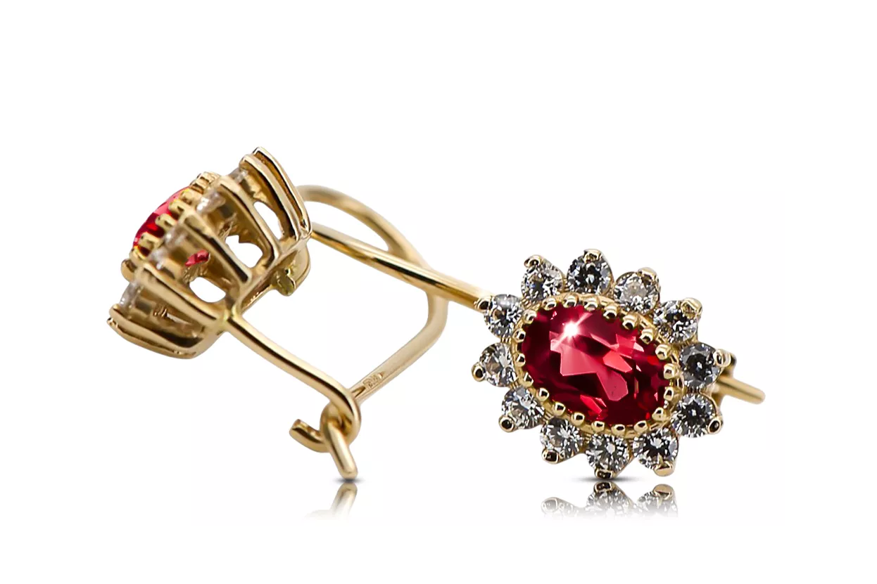 Yellow 14k gold 585 Ruby earrings cec026y-rb Russian Soviet USSR Vintage Art Deco style