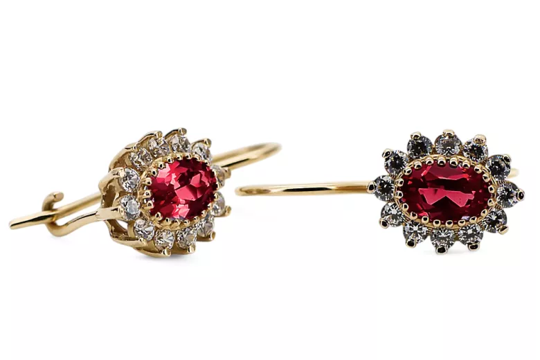 Yellow 14k gold 585 Ruby earrings cec026y-rb Russian Soviet USSR Vintage Art Deco style