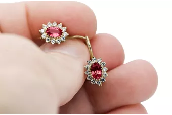 Or jaune 14 carats 585 Ruby des boucles d'oreilles cec026y-rb Russe Soviétique URSS Bijoux vintage Art Deco style