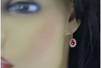 Or jaune 14 carats 585 Ruby des boucles d'oreilles cec026y-rb Russe Soviétique URSS Bijoux vintage Art Deco style