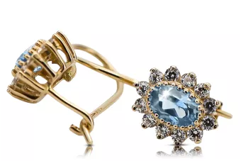 Or jaune 14 carats 585 Aquamarine des boucles d'oreilles cec026y-aq Russe Soviétique URSS Vintage Art Deco style